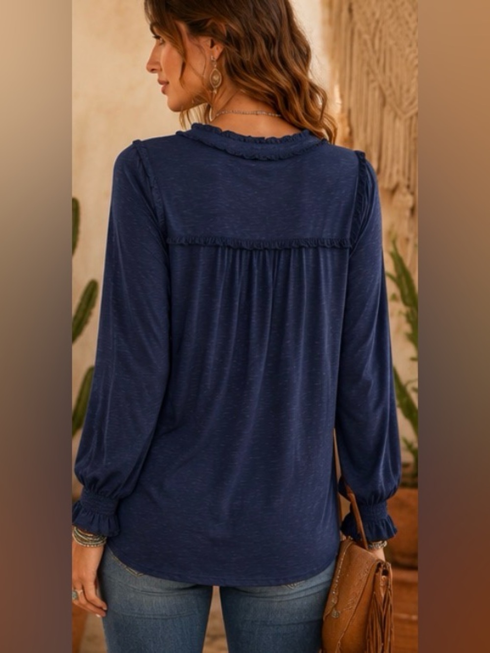 Democracy XS Navy Ruffle Henley Blouse Pintuck Long Sleeve Boho Festival Top - Picture 3 of 13